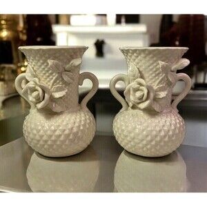 VTG Double Handled Porcelain Vase Raised Floral Diamond Cut Japan Set Of 2 *READ